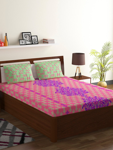 

BOMBAY DYEING Pink & Green Ethnic Motifs 104 TC Cotton 1 Queen Bedsheet with 2 Pillow Covers