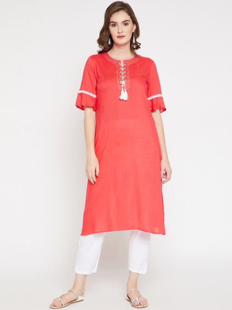 

RARE Women Coral Pink Solid Straight Kurta