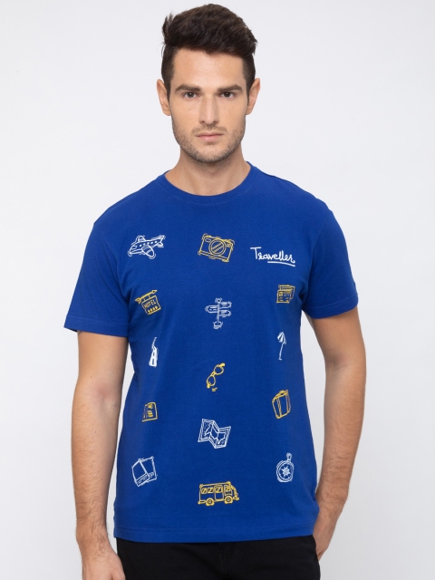 

Globus Men Blue & White Printed Round Neck T-shirt