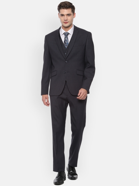 

V Dot Men Navy Blue Checked Slim-Fit Single-Breasted Formal Three-Piece Suit