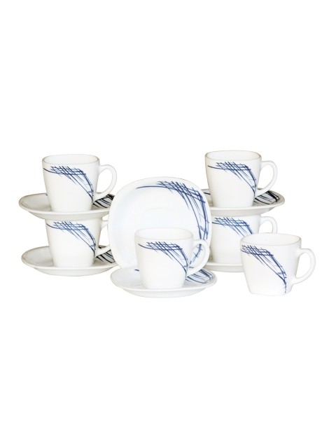 

Laopala Set Of 12 White & Blue Printed Opalware Quadra Cups & Saucers