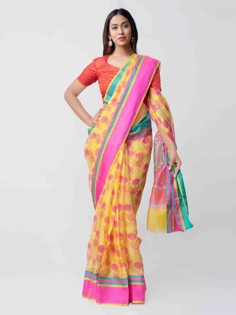 

Unnati Silks Yellow & Pink Silk Blend Printed Pure Kota Saree