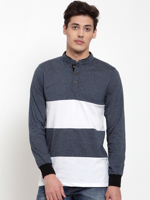 

Kalt Men White & Blue Colourblocked Henley Neck T-shirt