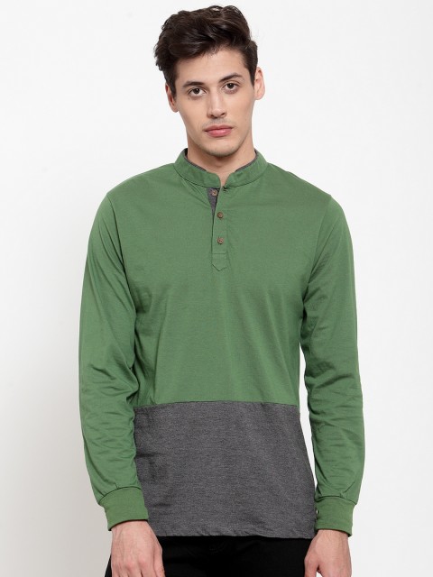 

Kalt Men Green & Grey Colourblocked Mandarin Collar T-shirt