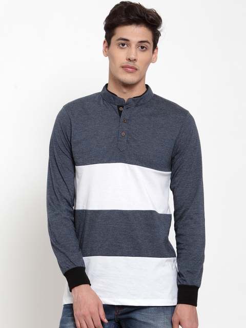 

Kalt Men White & Blue Colourblocked Henley Neck T-shirt