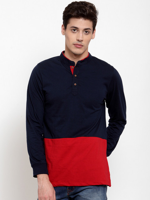 

Kalt Men Navy Blue & Red Colourblocked Mandarin Collar T-shirt
