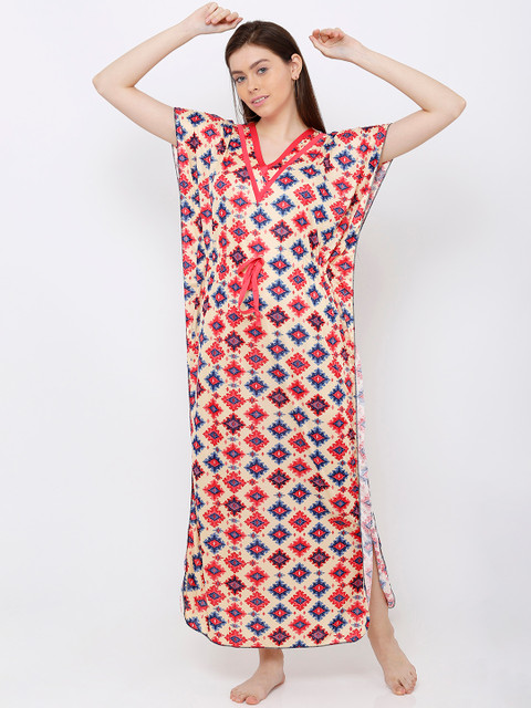 

Pretty Awesome Red & Beige Printed Nightdress