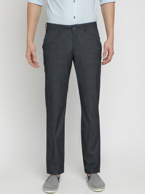 

Crocodile Men Grey & Blue Smart Slim Fit Checked Regular Trousers