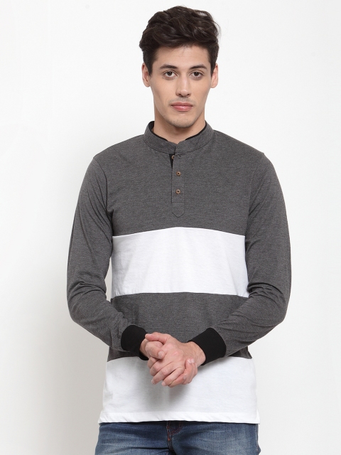 

Kalt Men Grey & White Colourblocked Henley Neck T-shirt