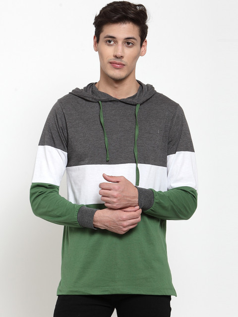 

Kalt Men Olive Green & Grey Colourblocked Hood T-shirt