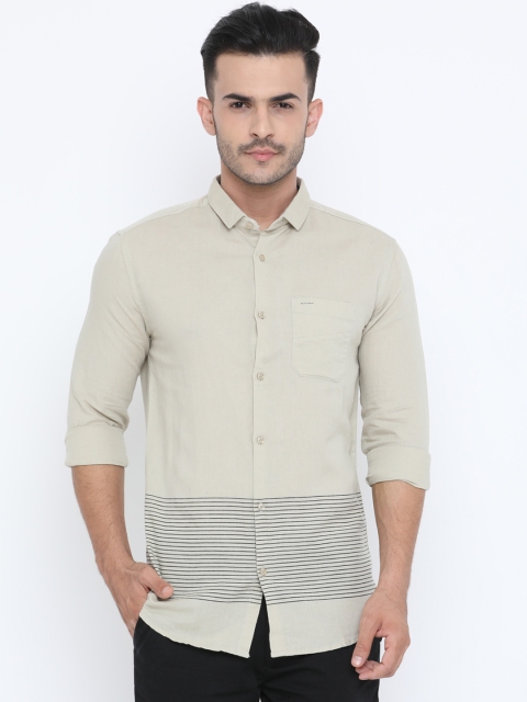 

WITH Men Beige & Grey Slim Fit Striped Casual Shirt