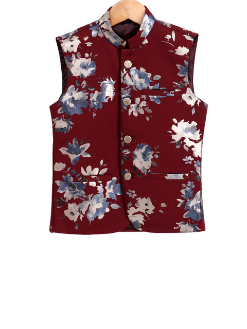 

JBN Creation Boys Maroon & Blue Printed Ethnic Nehru Jacket
