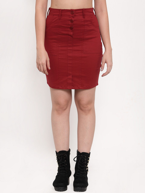 

VOXATI Women Maroon Solid Denim Pencil Skirt