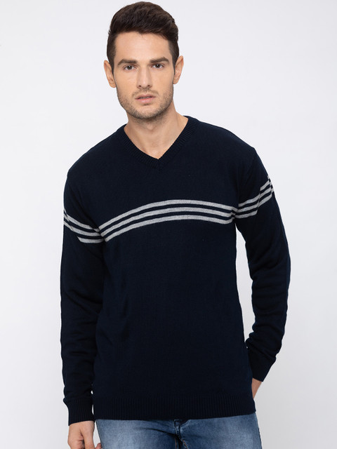 

Globus Men Navy Blue Striped Pullover Sweater