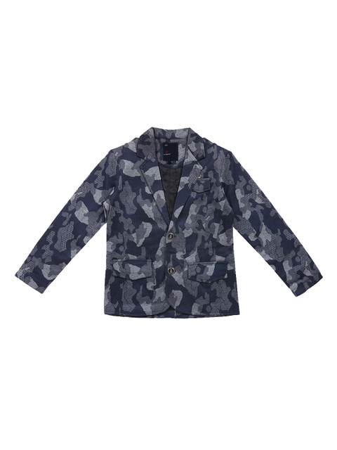 

Lil Tomatoes Boys Blue & Grey Camouflage Self-Design Single-Breasted Casual Blazer