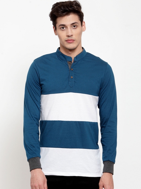 

Kalt Men Teal Blue & White Colourblocked Henley Neck T-shirt
