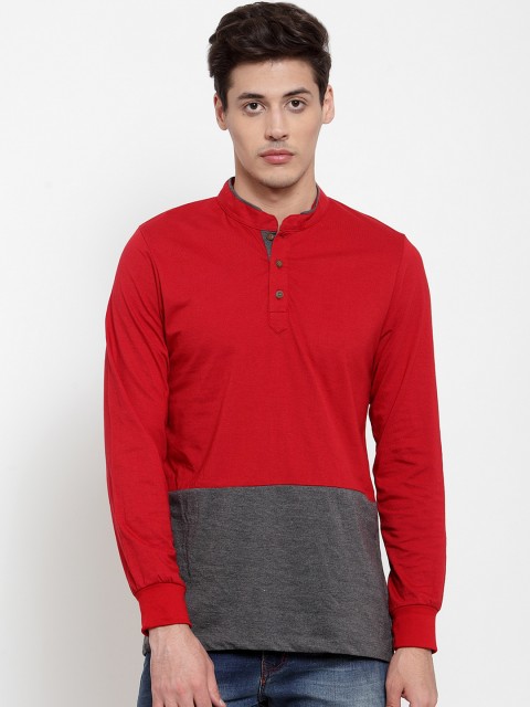 

Kalt Men Red & Grey Colourblocked Mandarin Collar T-shirt