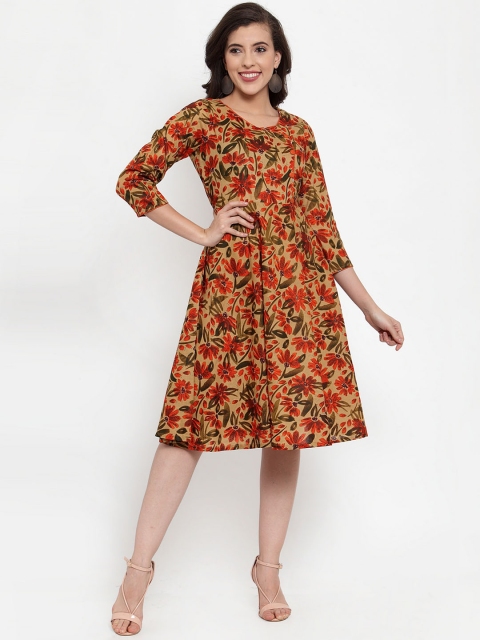 

Jompers Women Brown Floral Printed Fit and Flare Dress