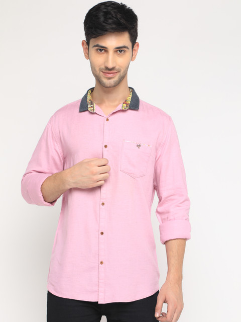 

WITH Men Pink Slim Fit Solid Casual Linen Shirt