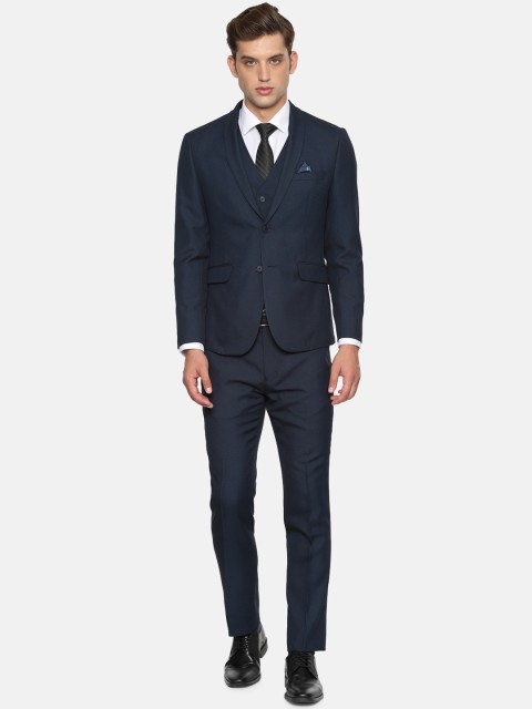 

V Dot Men Navy Blue Self-Design Slim-Fit Single-Breasted Four-Piece Suit