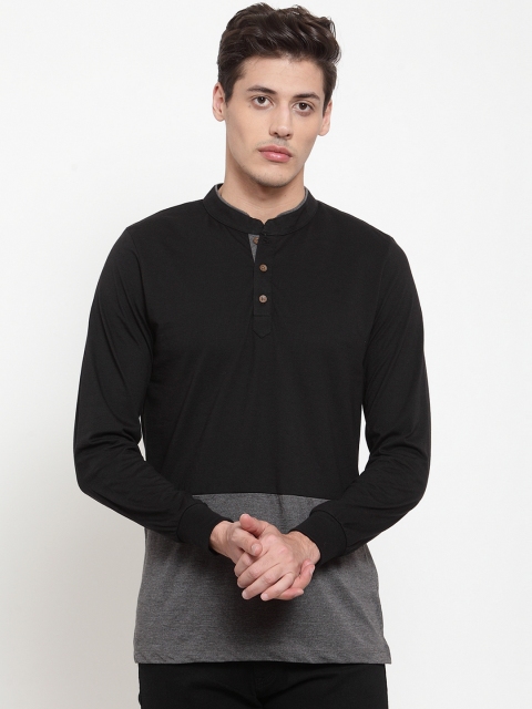 

Kalt Men Black & Grey Colourblocked Mandarin Collar T-shirt