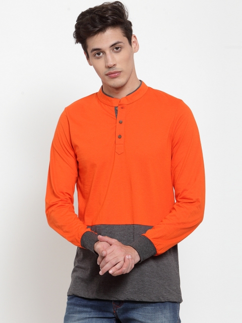 

Kalt Men Orange & Grey Colourblocked Mandarin Collar T-shirt