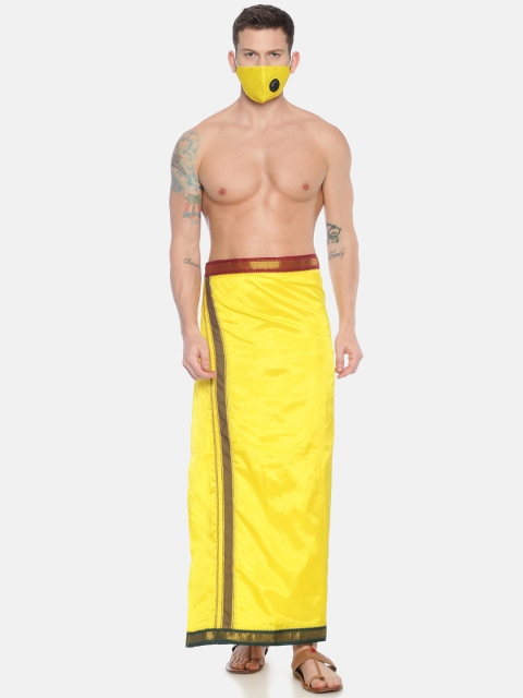 Sethukrishna Men Yellow Solid Readymade Dhoti With 3-Layer Anti-Dust Mask