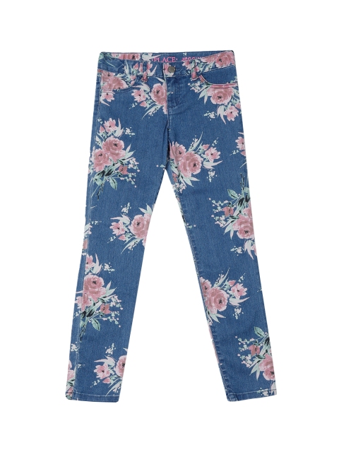 

The Childrens Place Girls Blue Floral Printed Denim Jeggings