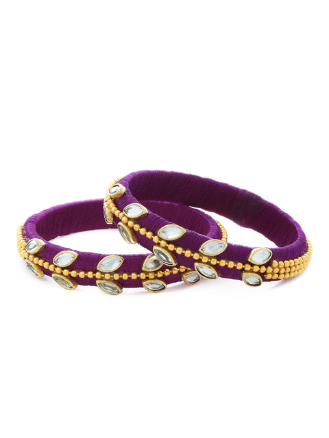 

AKSHARA Girls Set of 2 Purple & White Kundan-Studded Handcrafted Silk Thread Bangles