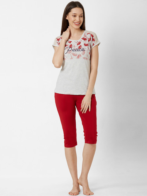 

Sweet Dreams Women Grey Melange & Red Printed Night suit