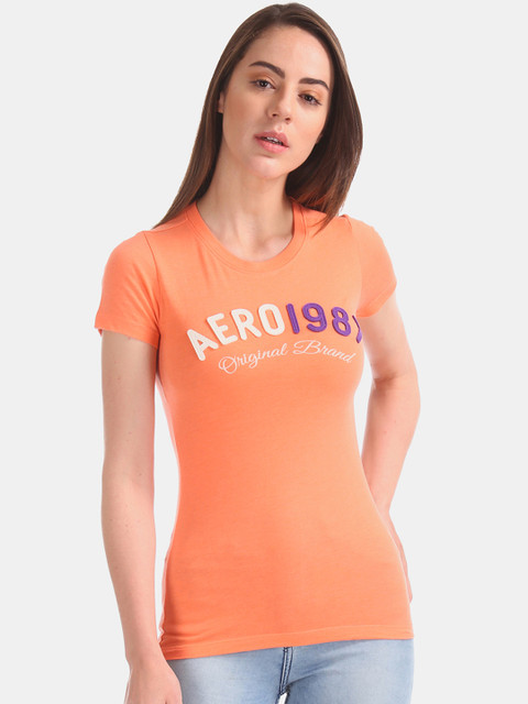 

Aeropostale Women Orange Printed Round Neck T-shirt