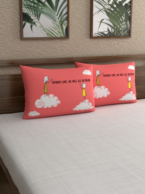 

My Room Set Of 2 Peach-Coloured & White Printed 210TC Pillow Covers