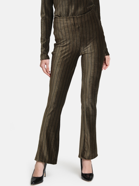 

Kazo Women Olive Green Slim Fit Striped Bootcut Trousers
