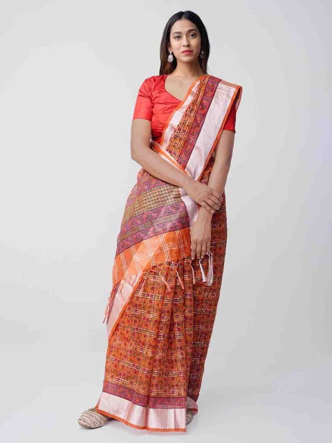 

Unnati Silks Orange & Pink Pure Cotton Printed Kota Handloom Saree