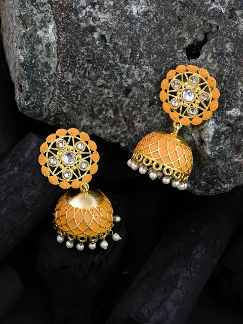 

Silvermerc Designs Peach-Coloured Gold-Plated Enamelled Meenakari Dome Shaped Jhumkas