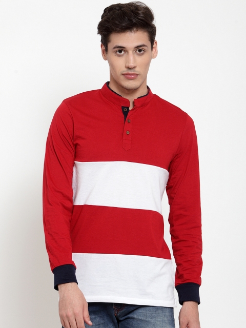 

Kalt Men Red & White Colourblocked Henley Neck T-shirt