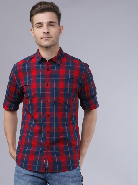 

Horsefly Men Navy Blue & Red Slim Fit Checked Casual Shirt