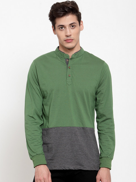 

Kalt Men Green & Grey Colourblocked Mandarin Collar T-shirt