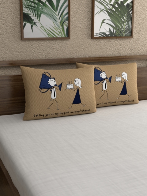 

My Room Set Of 2 Beige & Blue Abstract Printed My Room 210TC Sateen Pillow Covers