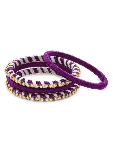 

AKSHARA Girls Set Of 4 Purple & White Stone-Studded Handcrafted Bangles