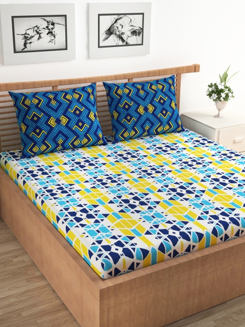 

URBAN SPACE Blue & Yellow Geometric 120 TC Cotton 1 Queen Bedsheet with 2 Pillow Covers