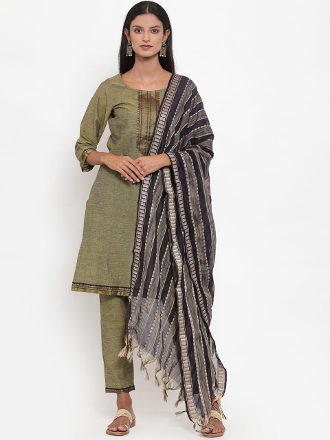 

Jompers Women Green & Gold-Toned Solid Kurta with Trousers & Dupatta