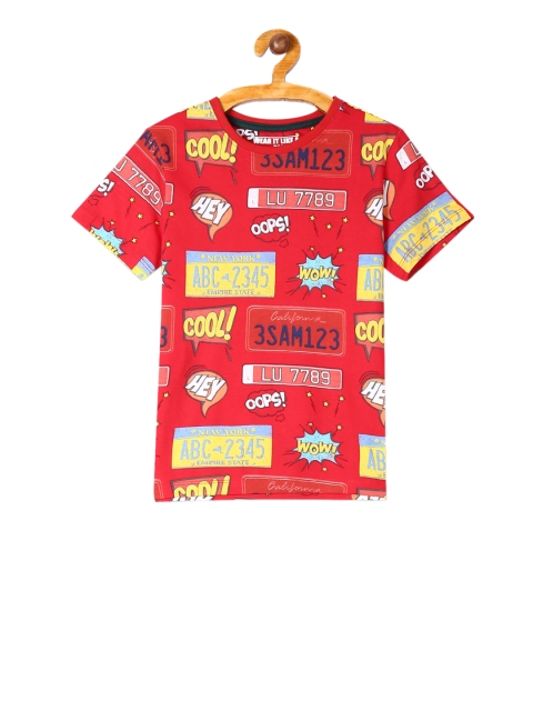 

Flying Machine Boys Red Yellow Printed Round Neck Pure Cotton T-shirt