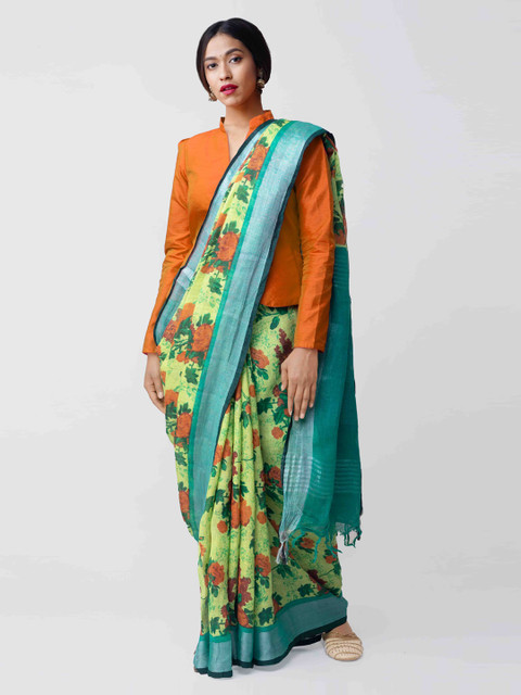 

Unnati Silks Green & Orange Pure Linen Floral Printed Handloom Saree