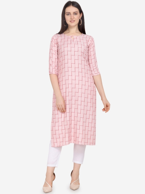 

Kvsfab Women Pink Checked Straight Kurta