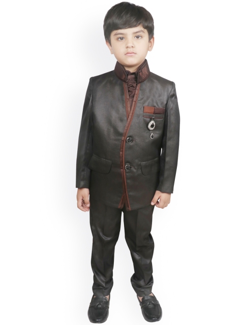 

SG YUVRAJ Boys Black & Coffee Brown Solid Bandhgala Party Suit