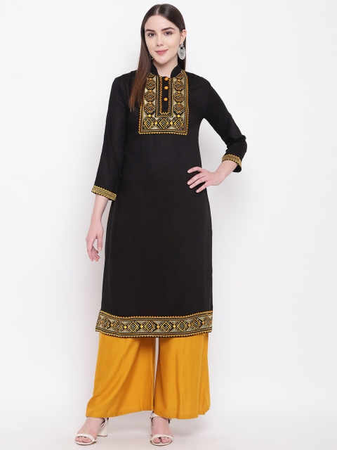 

RIVI Women Black & Yellow Embroidered Straight Kurta
