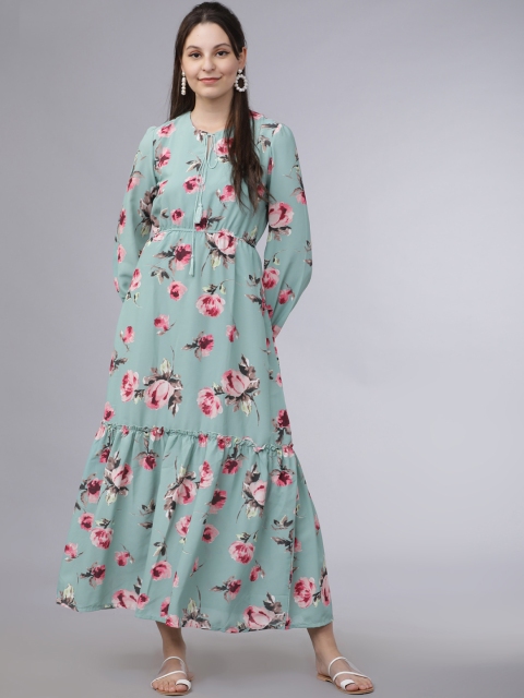 

Mumbai Slang Chic Women Turquoise Blue Printed Maxi Dress