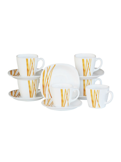 

Laopala Set Of 12 White & Yellow Printed Opalware Quadra Cups & Saucers