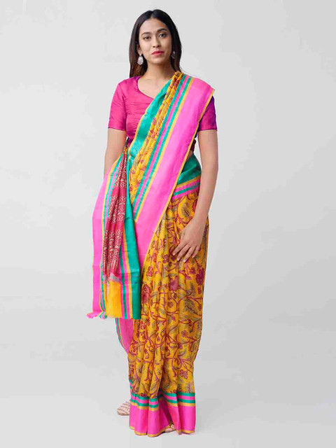 

Unnati Silks Yellow & Pink Silk Blend Printed Kota Handloom Saree